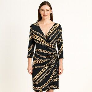 VTG Janine Size L Faux Wrap Dress Chain link Midi Couture Cocktail Gala Sheath